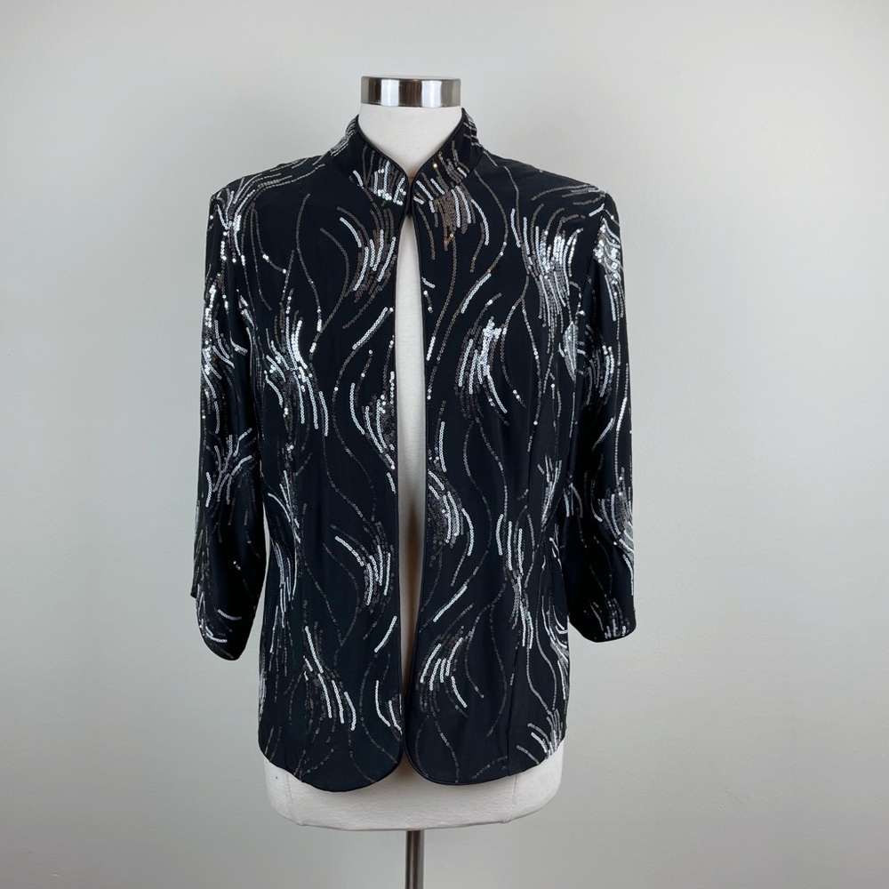 Alex Evenings Black Silver Sequin Top Cover Up With Shoulder Pads Women XL